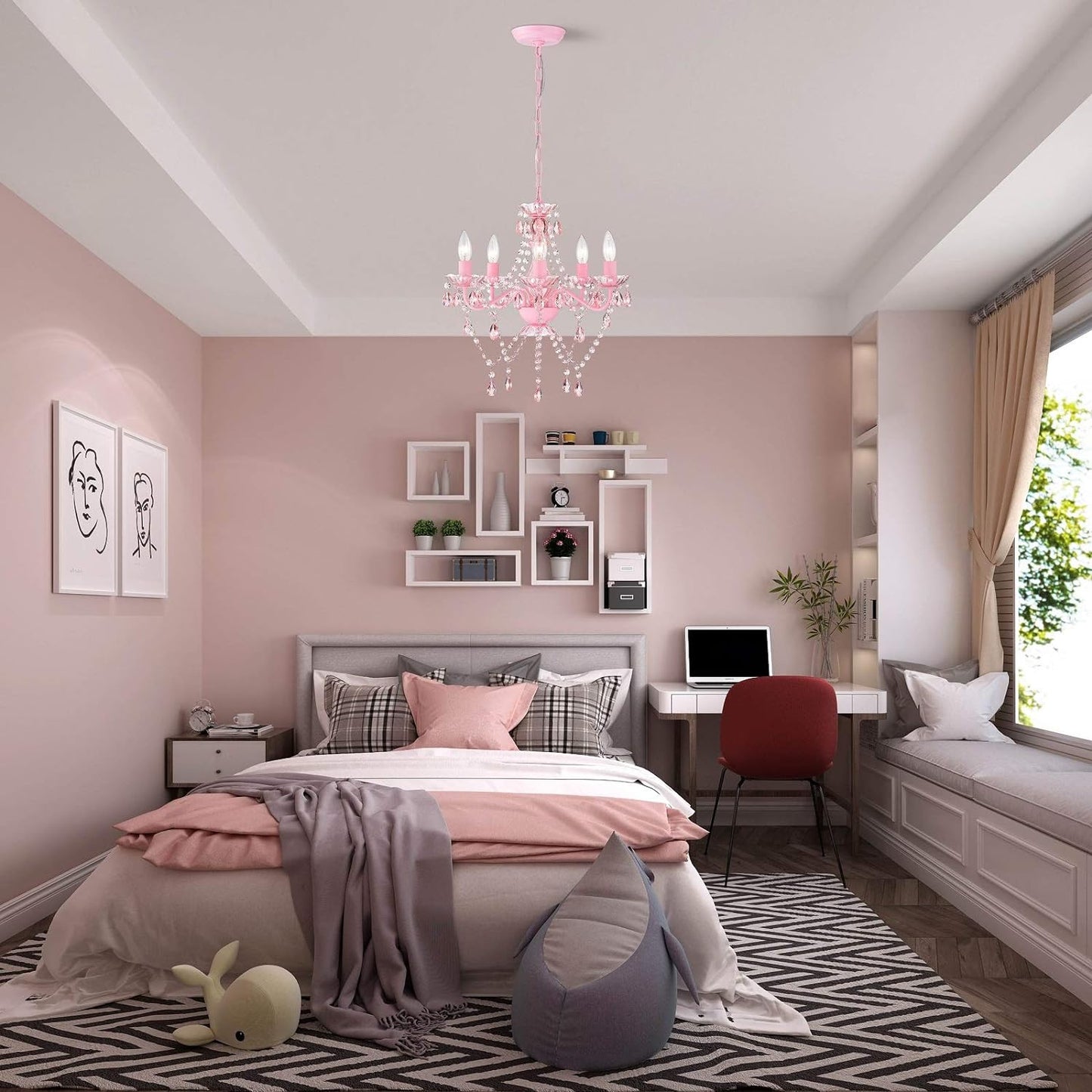 Pink Chandelier for Girls Room 5 Light Pink Acrylic Crystal Chandelier Kids Chandelier for Girls Crystals Chandelier