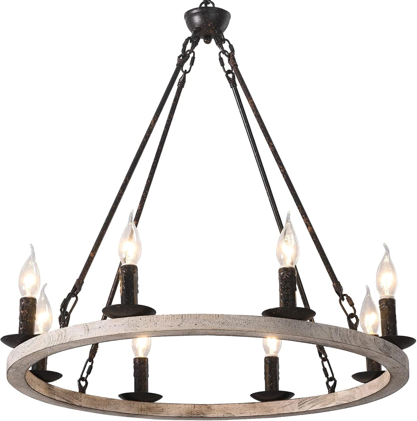 Wooden Wagon Wheel Chandelier Farmhouse 8-Light Vintage Rustic Chandelier round Kitchen Island Pendant Light Fixtures for Dining Room Living Room Entryway Foyer