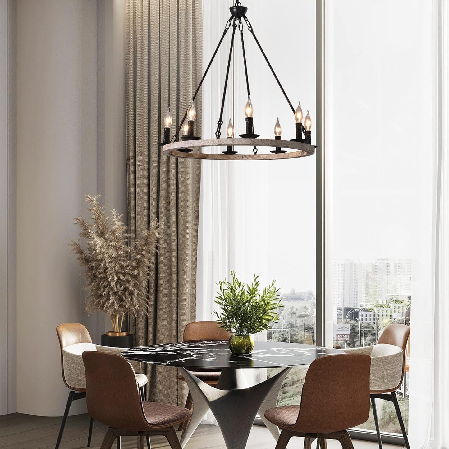 Wooden Wagon Wheel Chandelier Farmhouse 8-Light Vintage Rustic Chandelier round Kitchen Island Pendant Light Fixtures for Dining Room Living Room Entryway Foyer