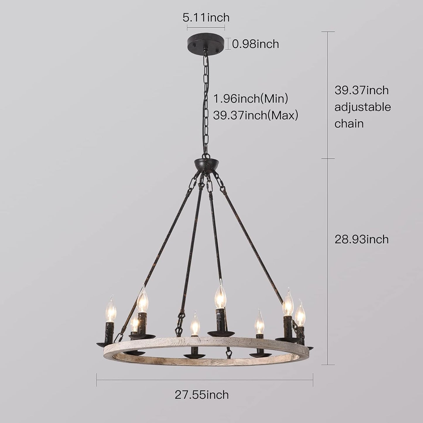 Wooden Wagon Wheel Chandelier Farmhouse 8-Light Vintage Rustic Chandelier round Kitchen Island Pendant Light Fixtures for Dining Room Living Room Entryway Foyer