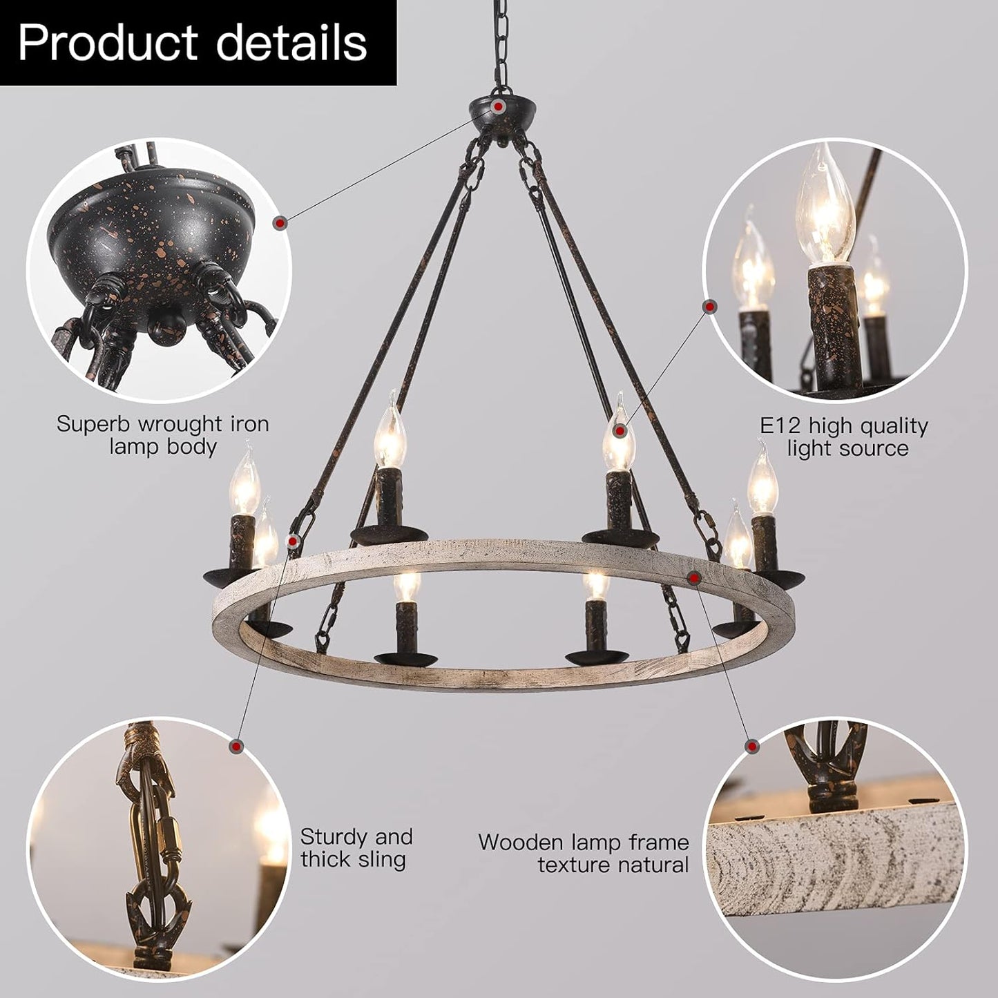 Wooden Wagon Wheel Chandelier Farmhouse 8-Light Vintage Rustic Chandelier round Kitchen Island Pendant Light Fixtures for Dining Room Living Room Entryway Foyer