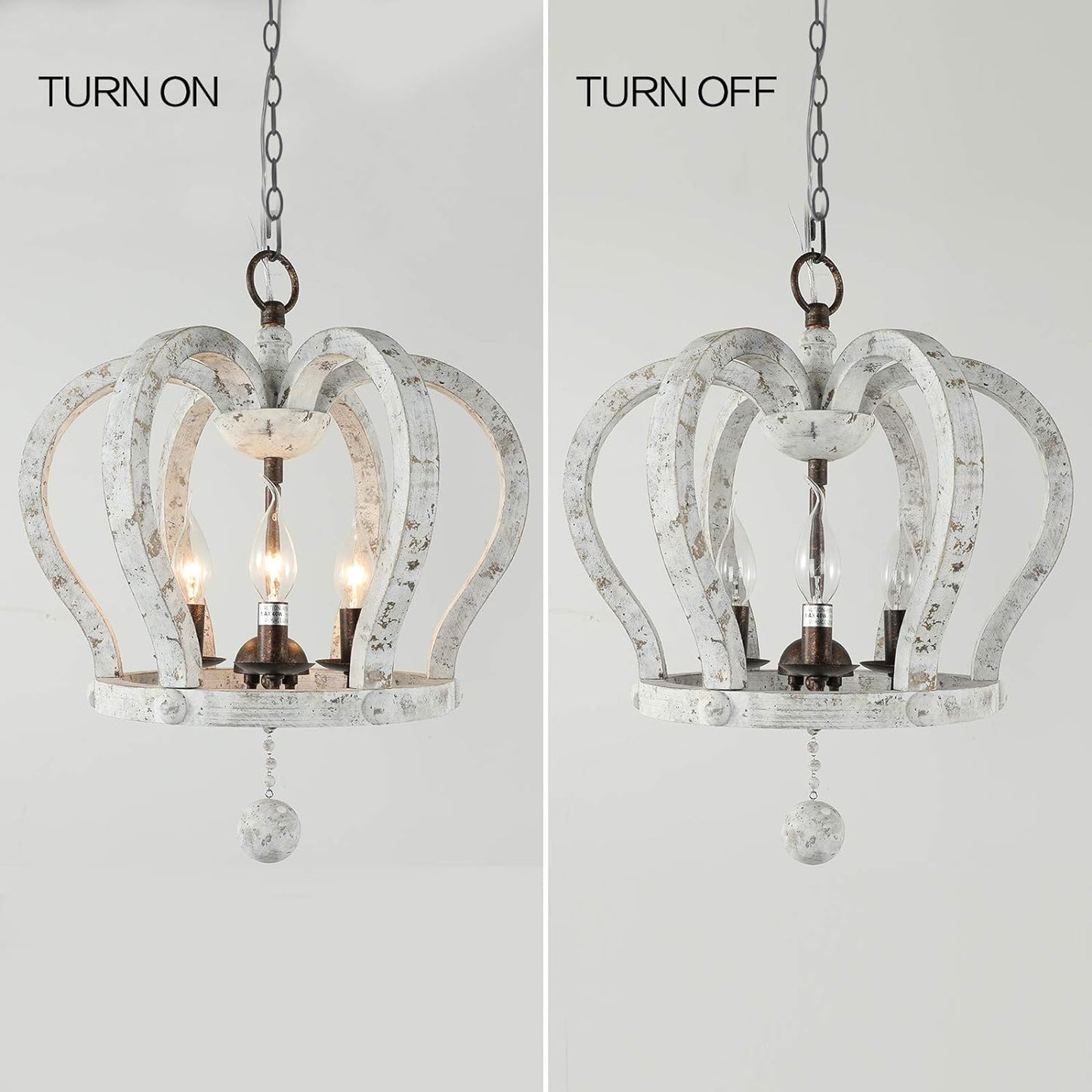 Farmhouse Crown Chandelier,Distressed White Wooden Chandelier,3-Light Vintage Pendant Light Wood Rustic Chandelier for Living Room Dining Room Foyer Hallway Bedroom Kitchen Island