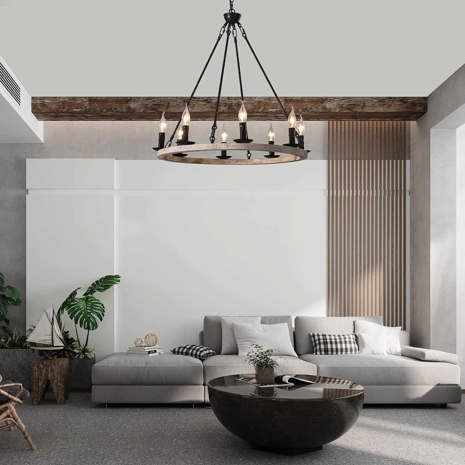 Wooden Wagon Wheel Chandelier Farmhouse 8-Light Vintage Rustic Chandelier round Kitchen Island Pendant Light Fixtures for Dining Room Living Room Entryway Foyer