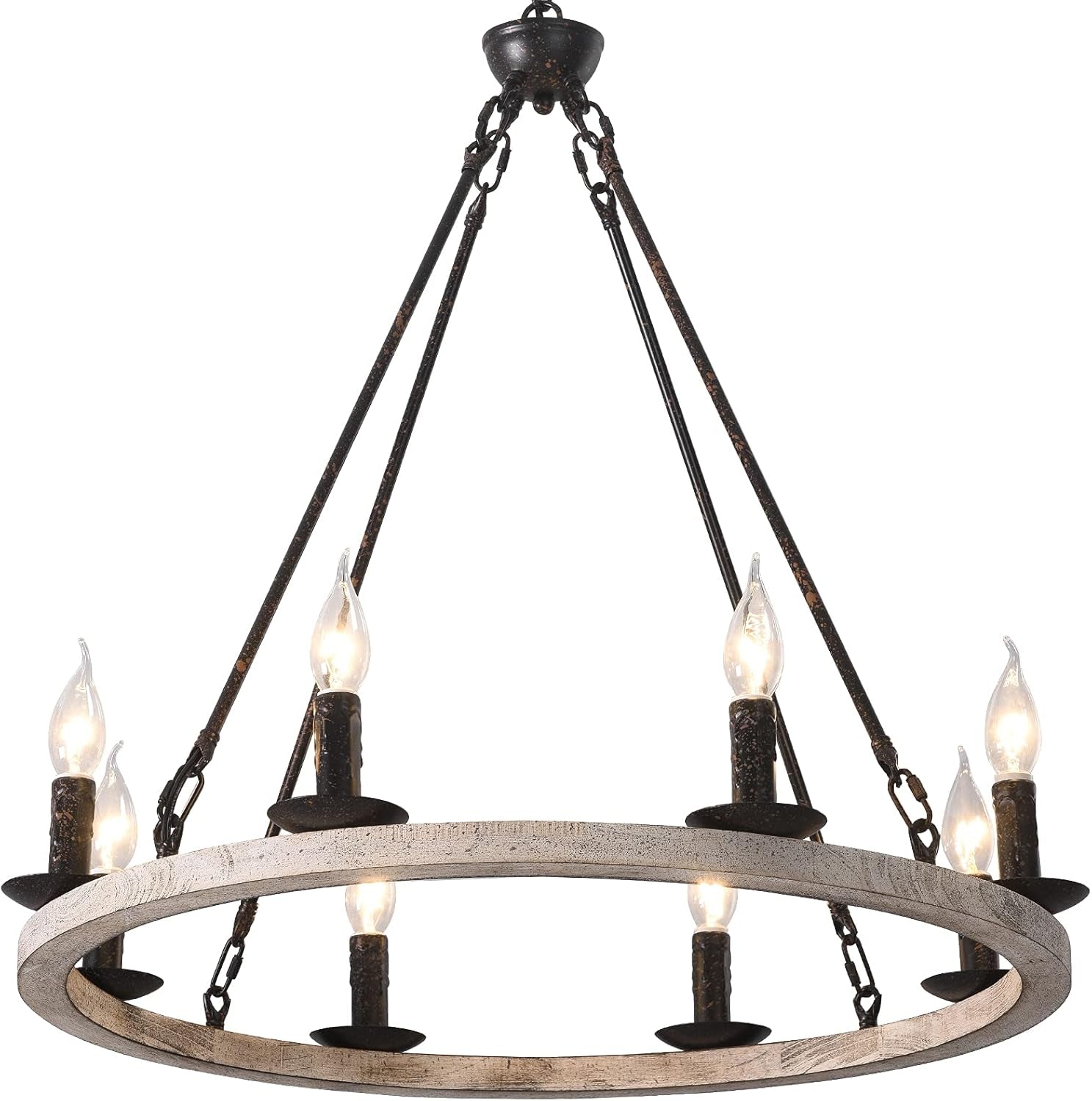 Wooden Wagon Wheel Chandelier Farmhouse 8-Light Vintage Rustic Chandelier round Kitchen Island Pendant Light Fixtures for Dining Room Living Room Entryway Foyer
