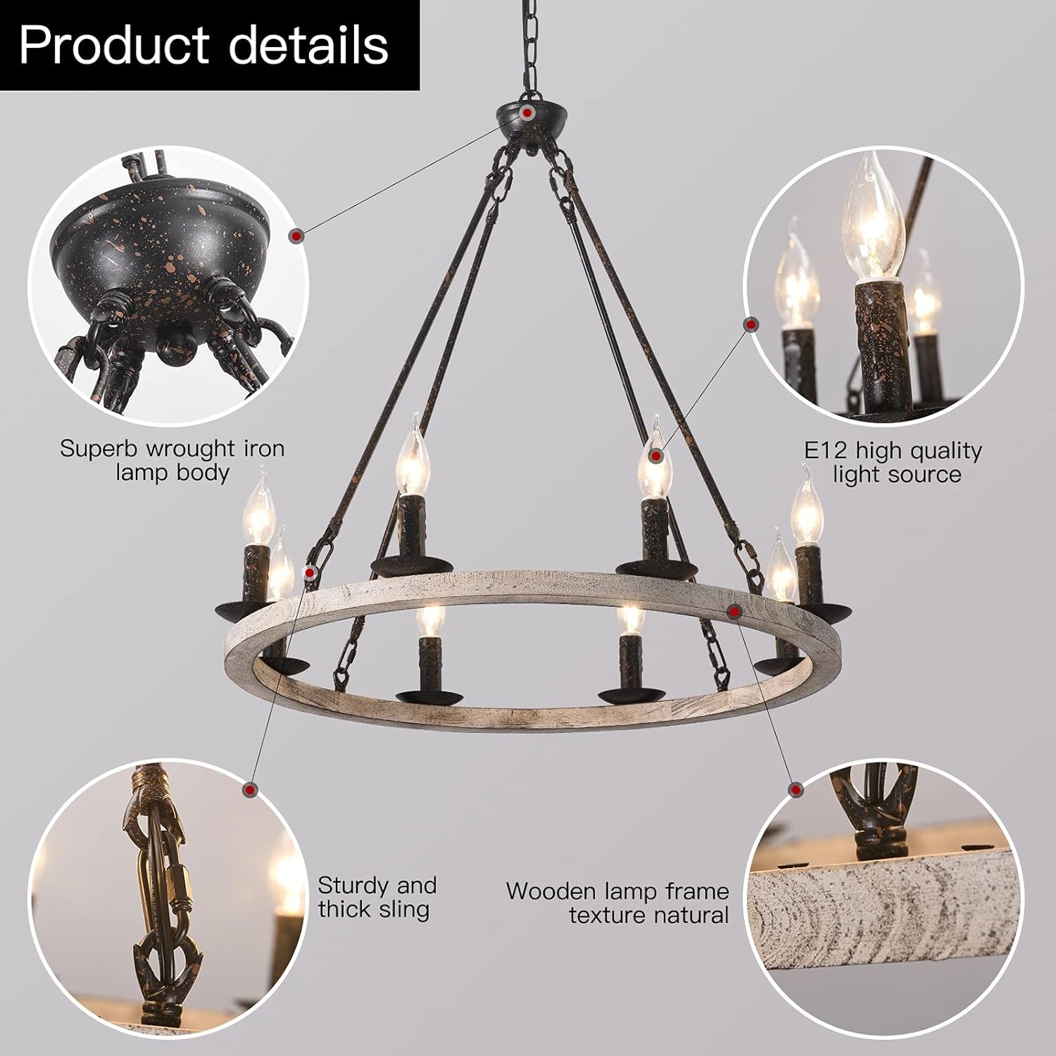 Wooden Wagon Wheel Chandelier Farmhouse 8-Light Vintage Rustic Chandelier round Kitchen Island Pendant Light Fixtures for Dining Room Living Room Entryway Foyer