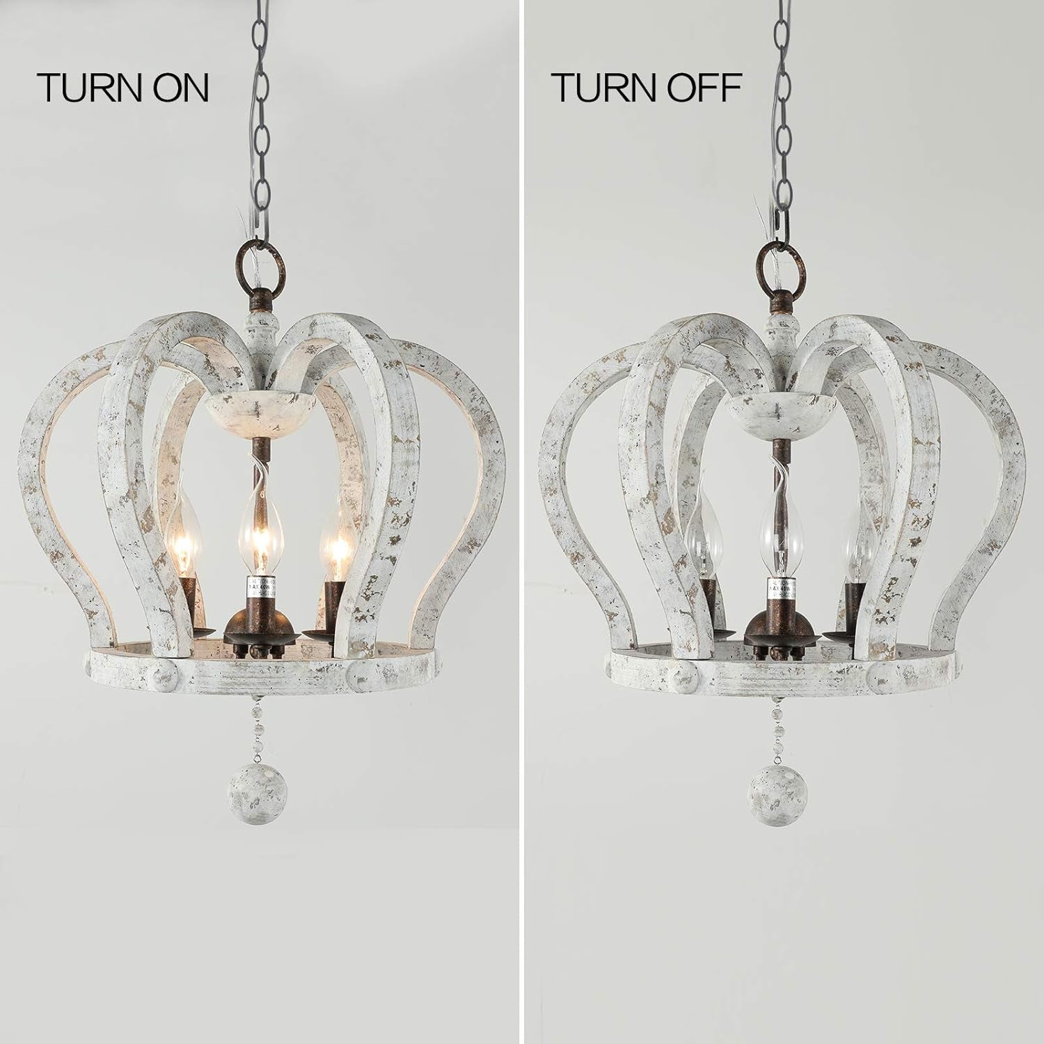 Farmhouse Crown Chandelier,Distressed White Wooden Chandelier,3-Light Vintage Pendant Light Wood Rustic Chandelier for Living Room Dining Room Foyer Hallway Bedroom Kitchen Island